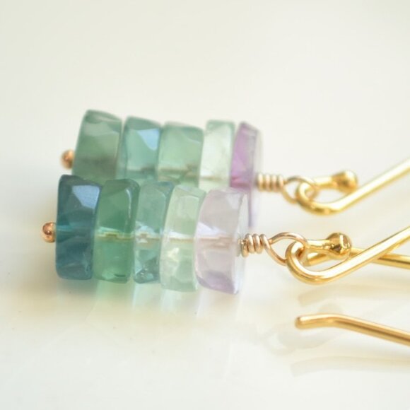 Fluorite Stack Earrings in Gold Vermeil - Hand Made in Canada - Picture 2 of 10